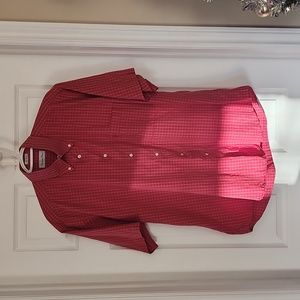 VTG Christian Dior Red Check Short‎ Sleeve Button Up Shirt. Size M 15 1/2.